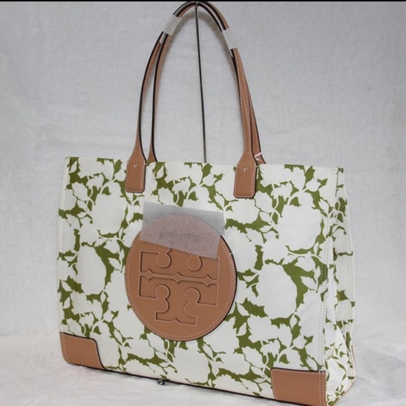 NWT Tory Burch 151611 Ella Nylon Floral Tote Green Bold Flower Large Logo Bag - Picture 6 of 8